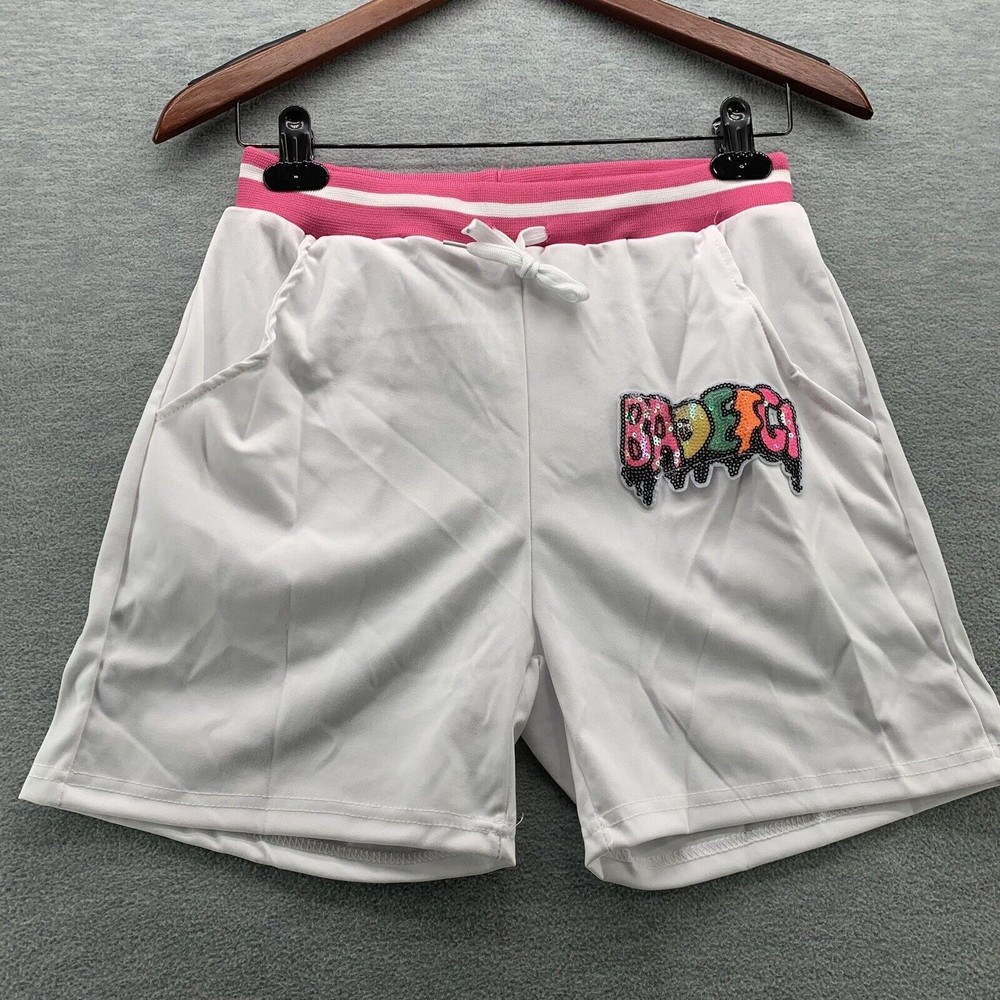 Women White Bodycon Shirts & Shorts with Sequined Front Logo Set Size XXL (A41) - Picture 5 of 13